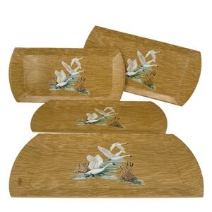 Hasko DeLuxe Lap Trays Set of 4 Wood Veneer Swan Lithograph Brown Vintage